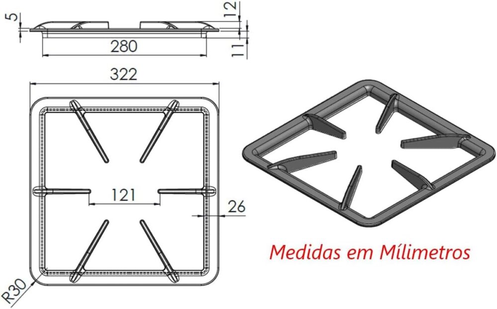 Grelha 6 Hastes GB Fogão Industrial de Ferro Fundido 30x30cm - Image 3