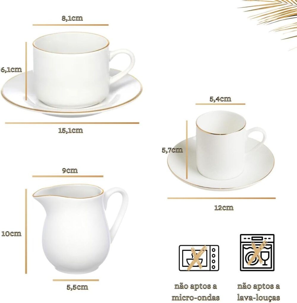 Kit Porcelana 17 Peças – Xícaras de Chá e Café com Pires, Le... - Image 3