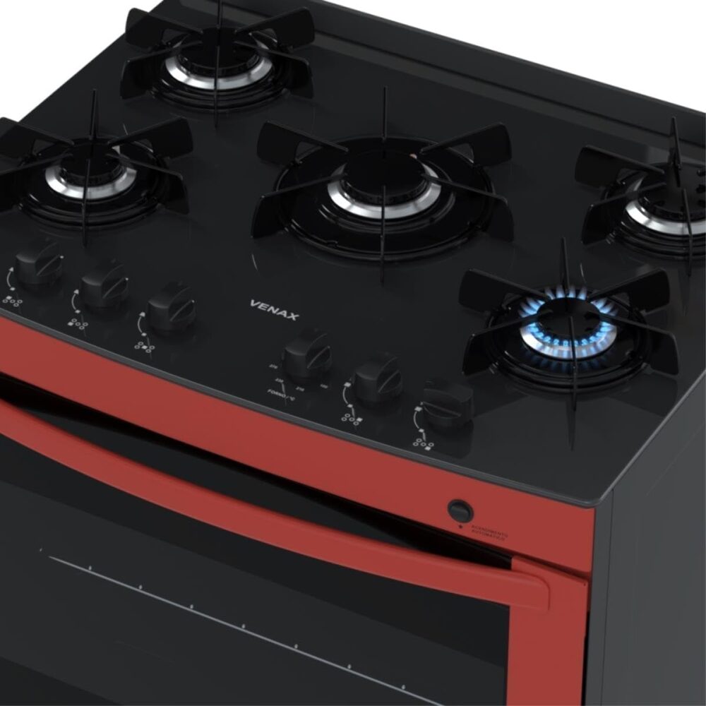 Fogao 5 Bocas Venax Delplus Vitreo Bl Vermelho Gas Glp - Image 5