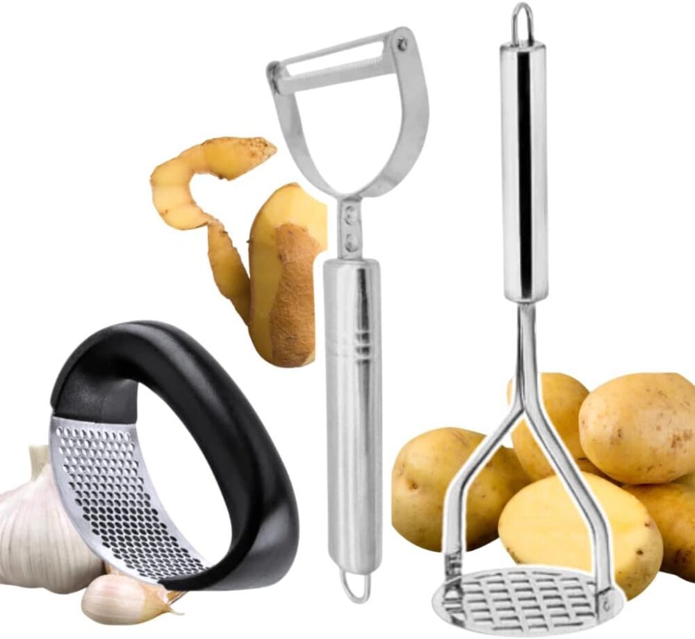 Kit Inox de Utensílios para Cozinha – Amassador de Alho, Bat...