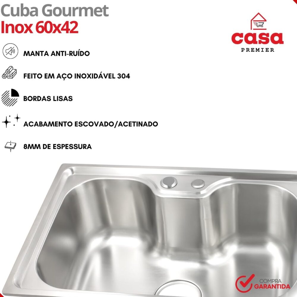 Cuba Gourmet Cozinha Aço Inox 304 60x42cm + Torneira Cromada... - Image 7
