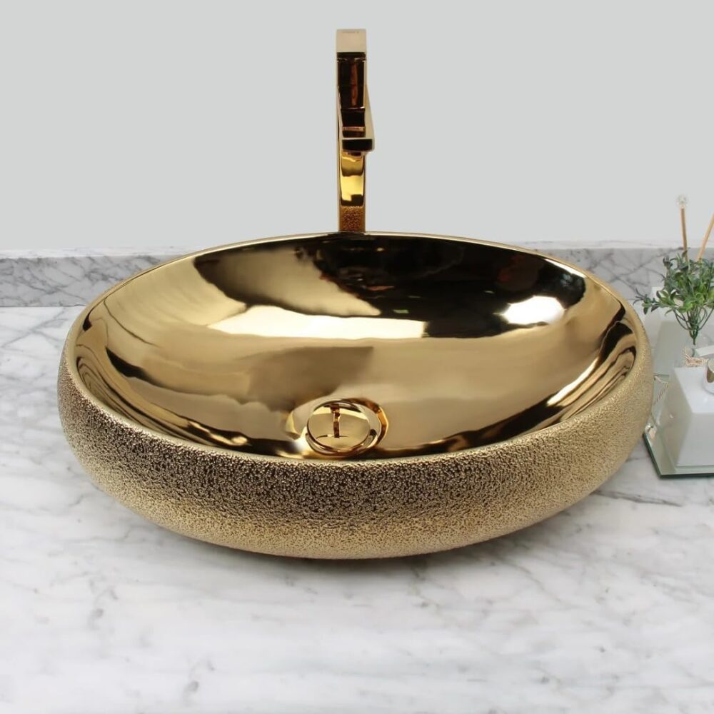Cuba Pia Louça Cerâmica Apoio Banheiro 59x41cm Luxo Gold - Image 4