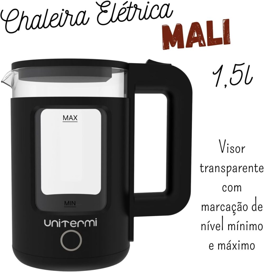 Chaleira Elétrica Inox e Vidro 1,5L 110V Unitermi (PRETA) - Image 2