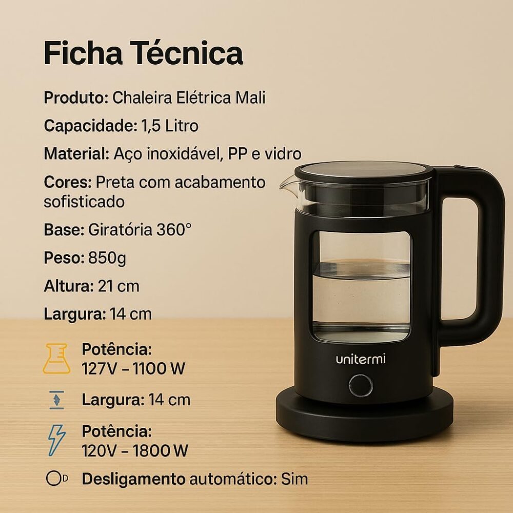 Chaleira Eletrica de Vidro Jarra 1,5 Litros Aquece Agua Rapi... - Image 5