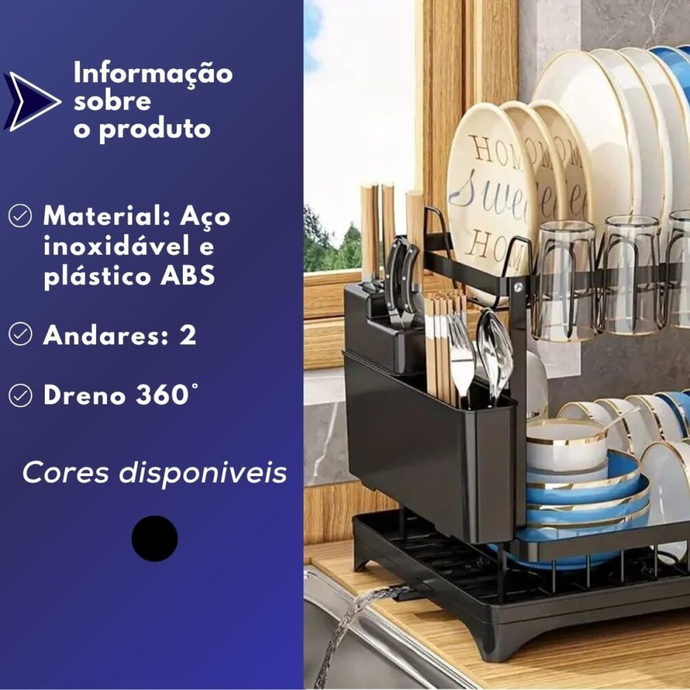 Escorredor de Louça 2 Andares Preto com Porta-Talheres Inox ... - Image 7