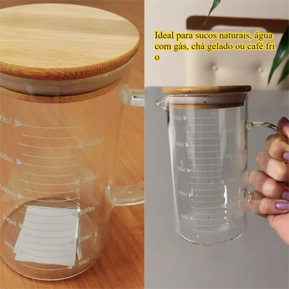 Jarra De Vidro Com Tampa De Bambu 500ml Medida Sucos Leite Á... - Image 3