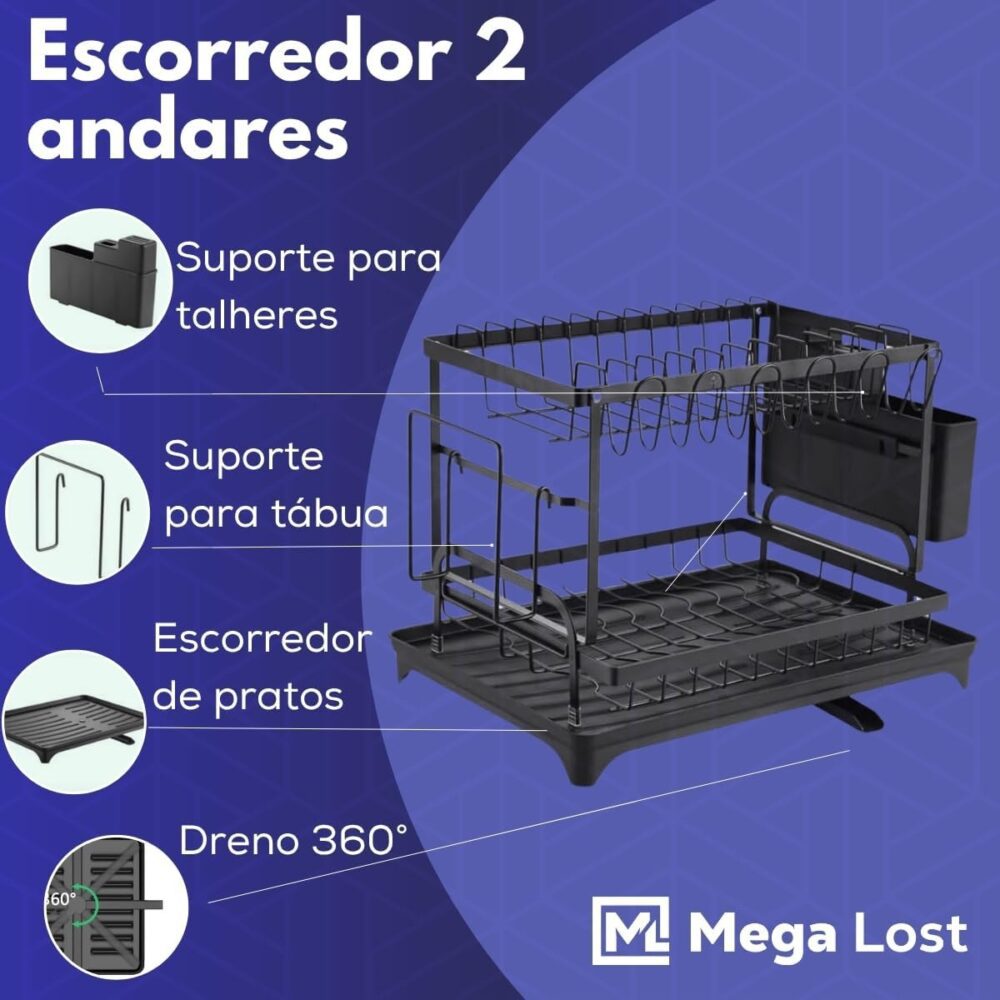 Escorredor de Louça 2 Andares Preto com Porta-Talheres Inox ... - Image 5