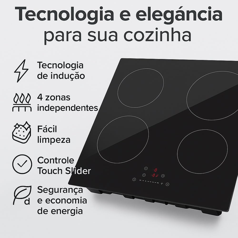 Cooktop Indução 4 Bocas 60cm Preto, Vidro Cerâmico Chinês, C... - Image 3