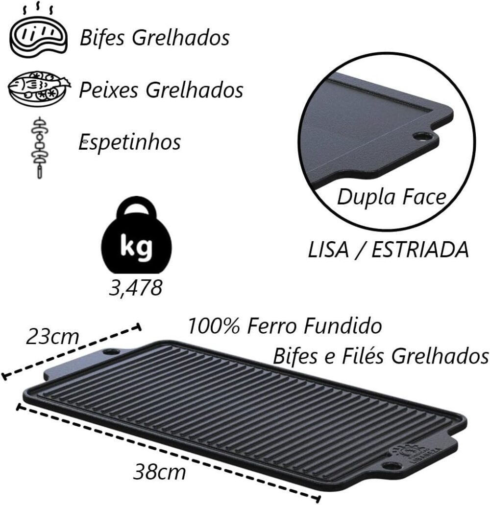 Chapa Dupla Face Slim em Ferro Fundido Lisa Grelhada 38x23cm - Image 2