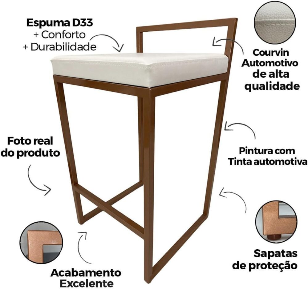 Banqueta Estilo Industrial Luxo Confortável (60cm, Dourado) - Image 4