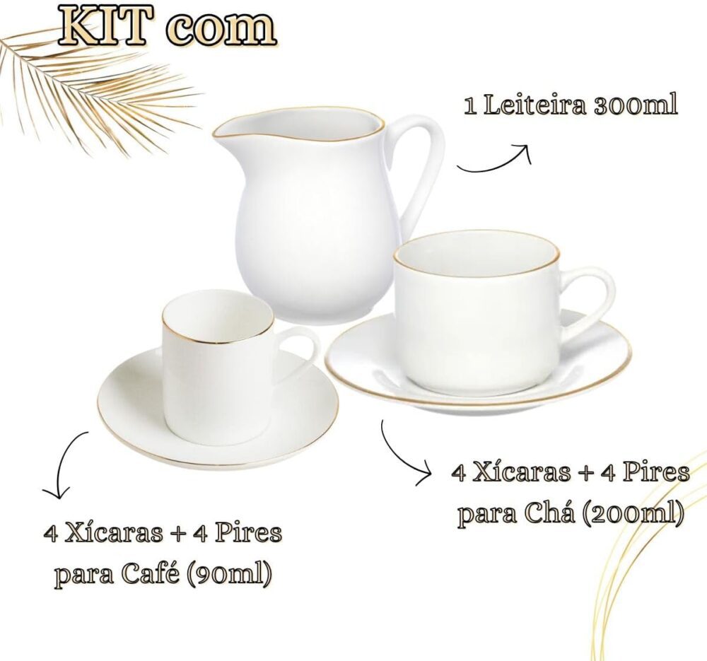 Kit Porcelana 17 Peças – Xícaras de Chá e Café com Pires, Le... - Image 2
