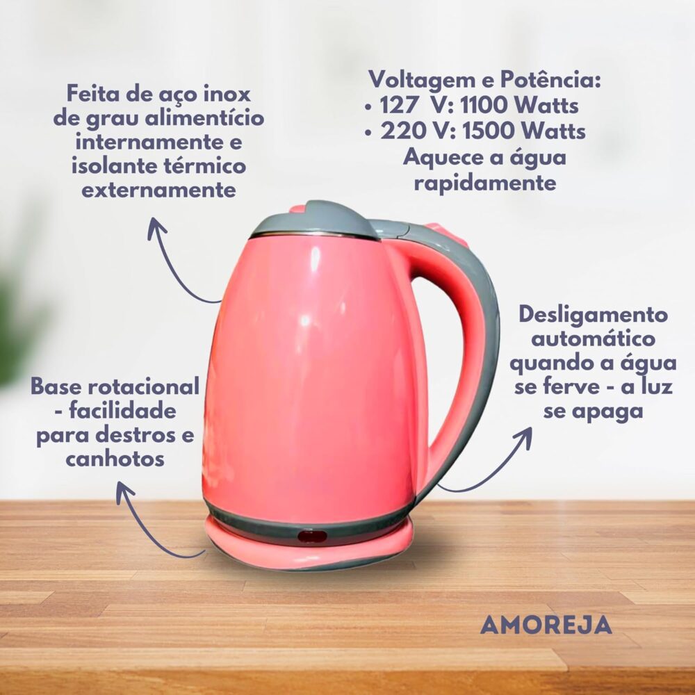 AMOREJA Chaleira Elétrica Rosa 1,8 Litros com Desligamento A... - Image 5
