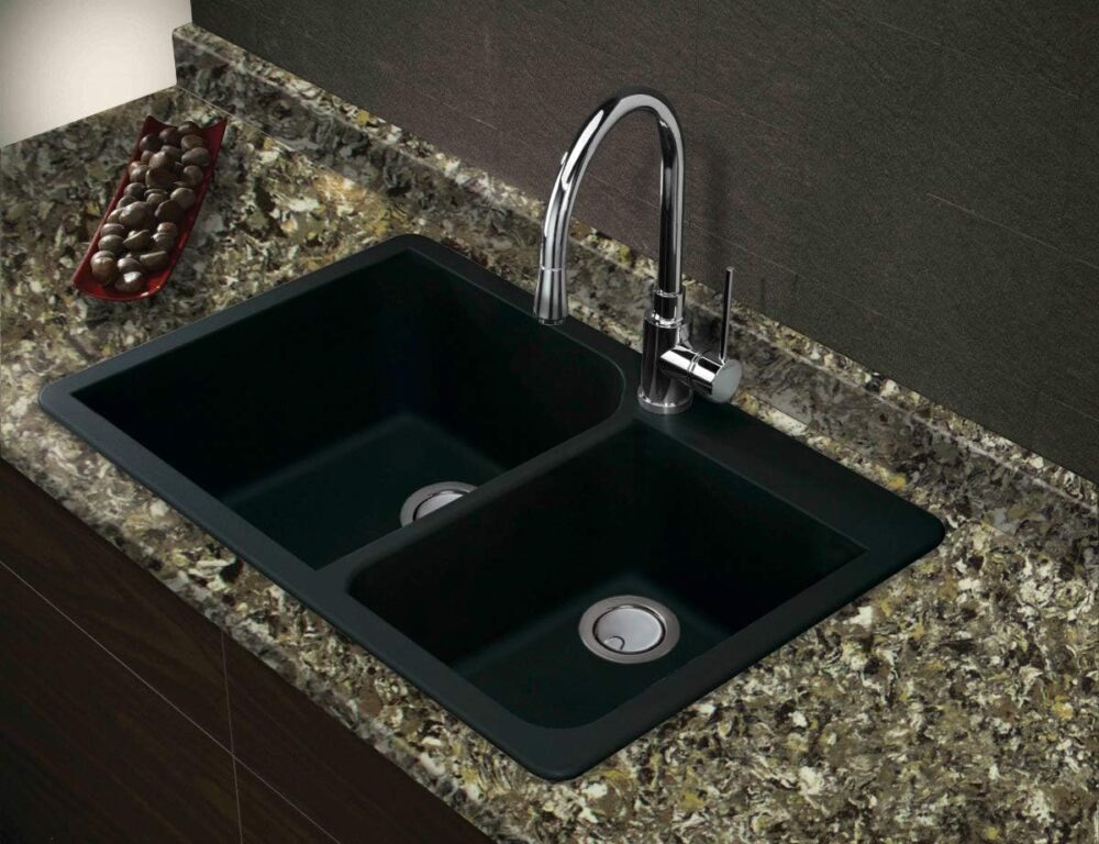 Transolid Pia de cozinha dupla com 2 furos em granito raio R... - Image 2