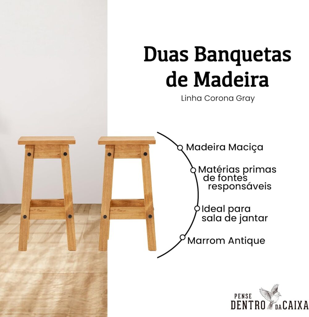 Duas Banquetas de Madeira Maciça Marrom Antique - 50,8 Alt X... - Image 4