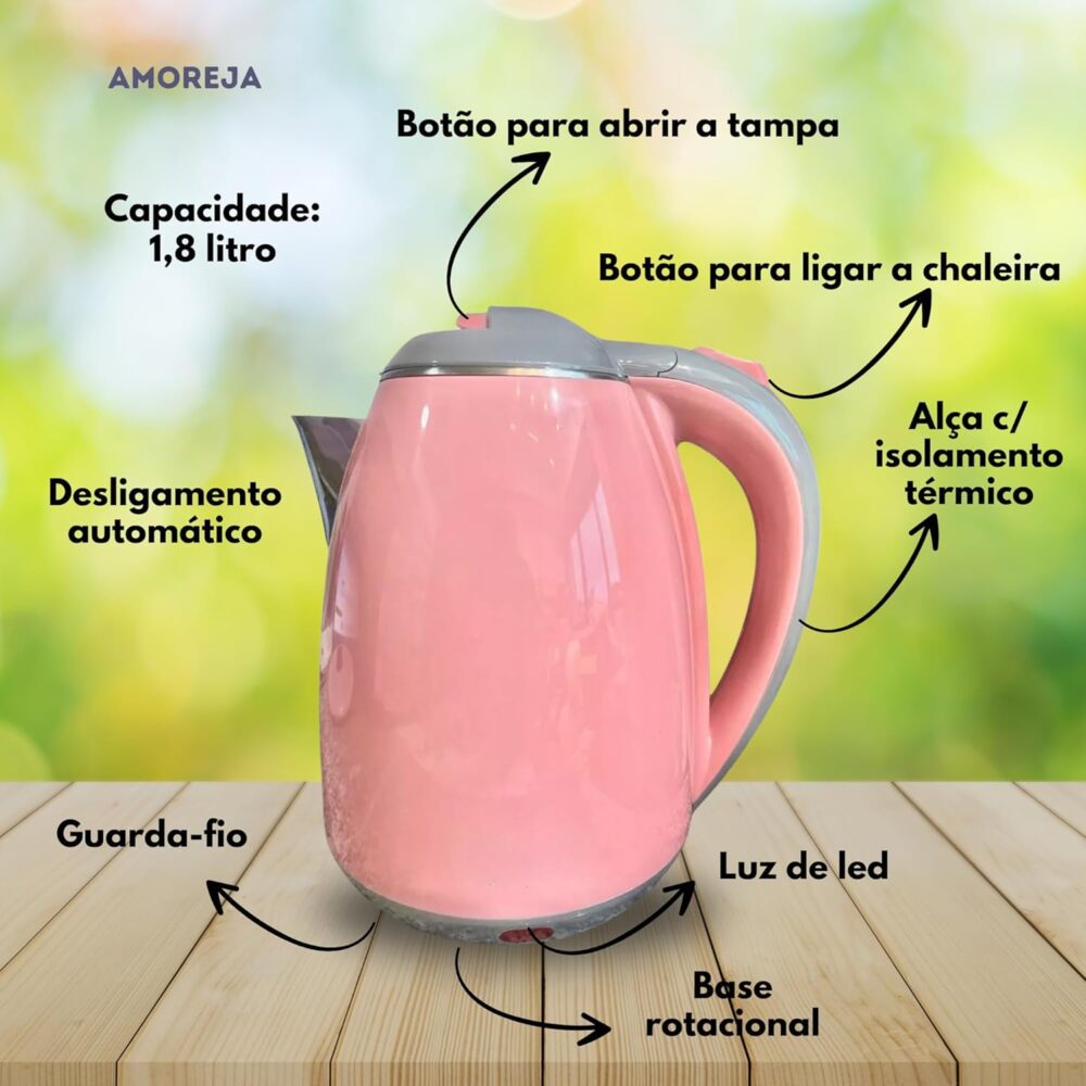 AMOREJA Chaleira Elétrica Rosa 1,8 Litros com Desligamento A... - Image 3