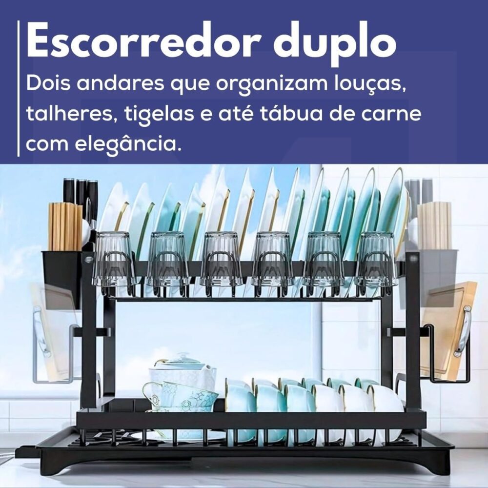 Escorredor de Louça 2 Andares Preto com Porta-Talheres Inox ... - Image 2