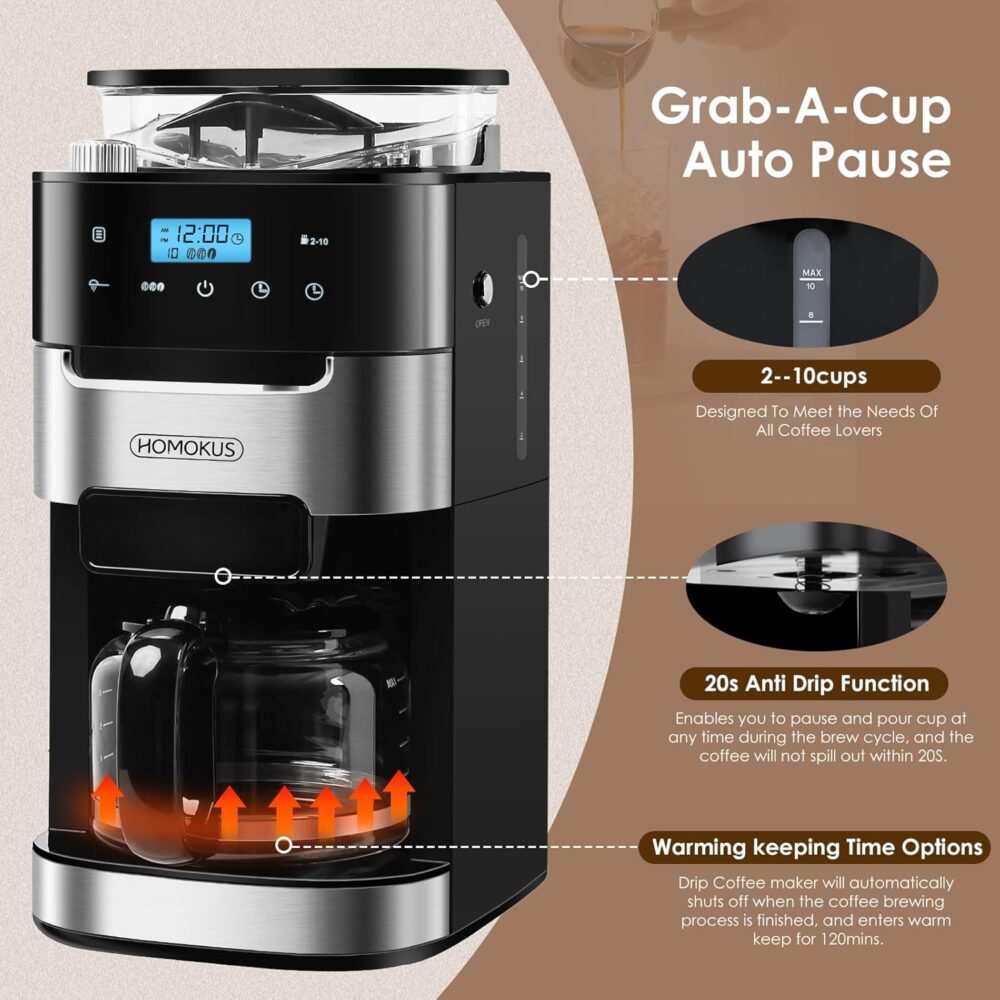HOMOKUS Cafeteira 10 xícaras com Moedor, Tela Sensível ao To... - Image 7