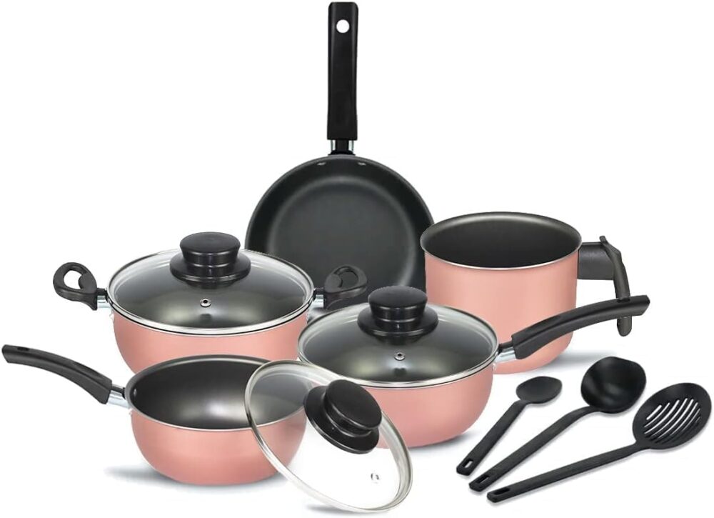 CONJUNTO DE PANELAS TEFLON ELEGAN 8 PEÇAS MARPAL… (ROSA)