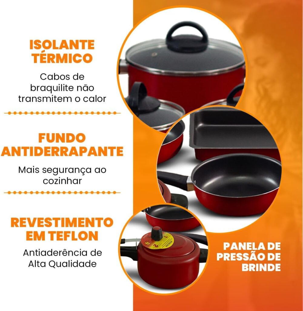 Conjunto De Panelas Alumínio Antiaderente 17 Peças Vermelho - Image 3