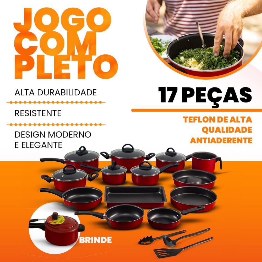 Conjunto De Panelas Alumínio Antiaderente 17 Peças Vermelho - Image 4