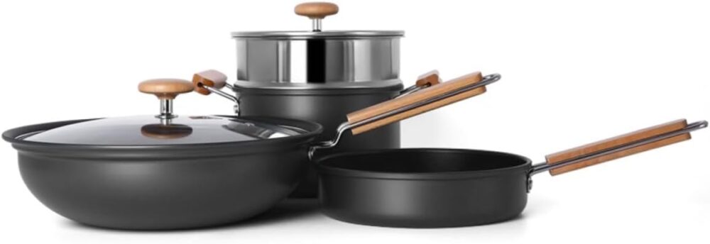 Jogo de Panela Em Aço Inox Com Alça em Madeira 6pcs (Preto)