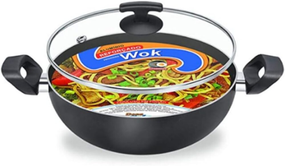 Panela Wok Nº24 Antiaderente Tampa de Vidro Preta Dona Chefa