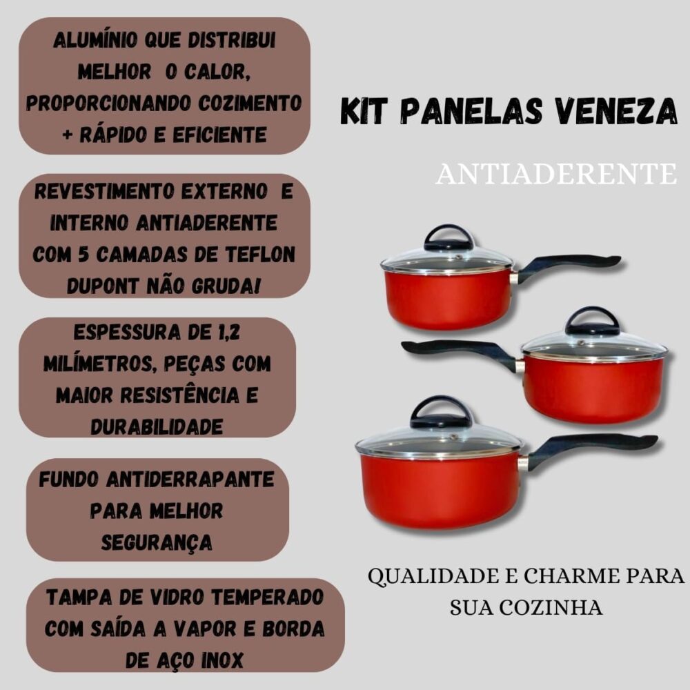 Kit Panelas Caçarolas Veneza Antiaderente 3 Peças (Vermelha) - Image 4