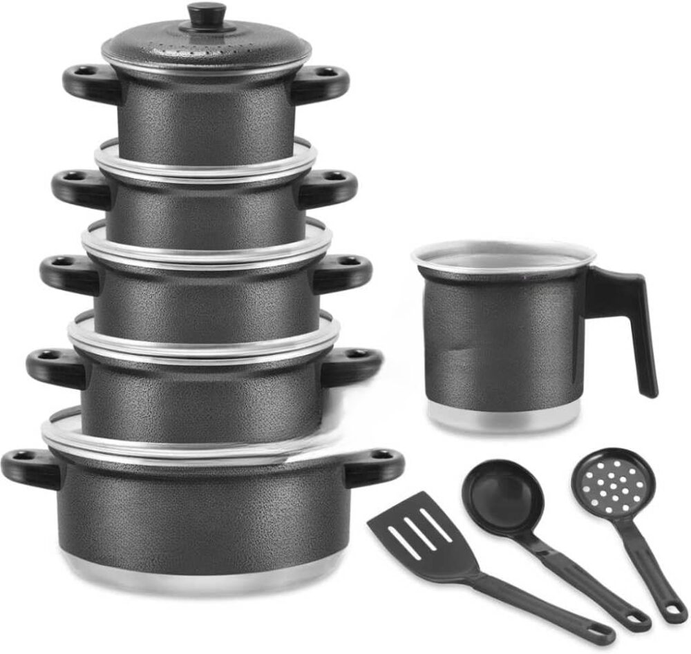Jogo De Panela Caçarola Conjunto Leiteira Kit 9pçs (Preto Cr...