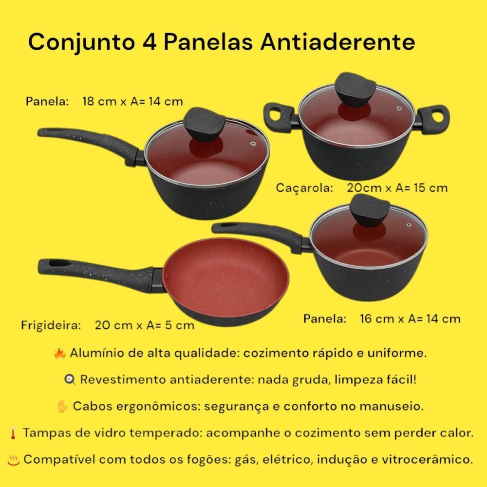Conjunto de Panelas Antiaderente 4 Peças, Alumínio, Tampa de... - Image 2