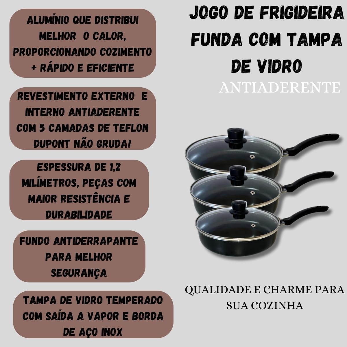 Conjunto Kit Frigideira Com Tampa Jogo 3 Peças Tam 18 20 22 ... - Image 4