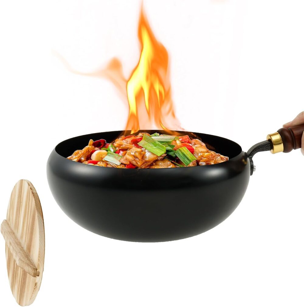 Frigideira wok de aço carbono não revestida com tampa de mad...
