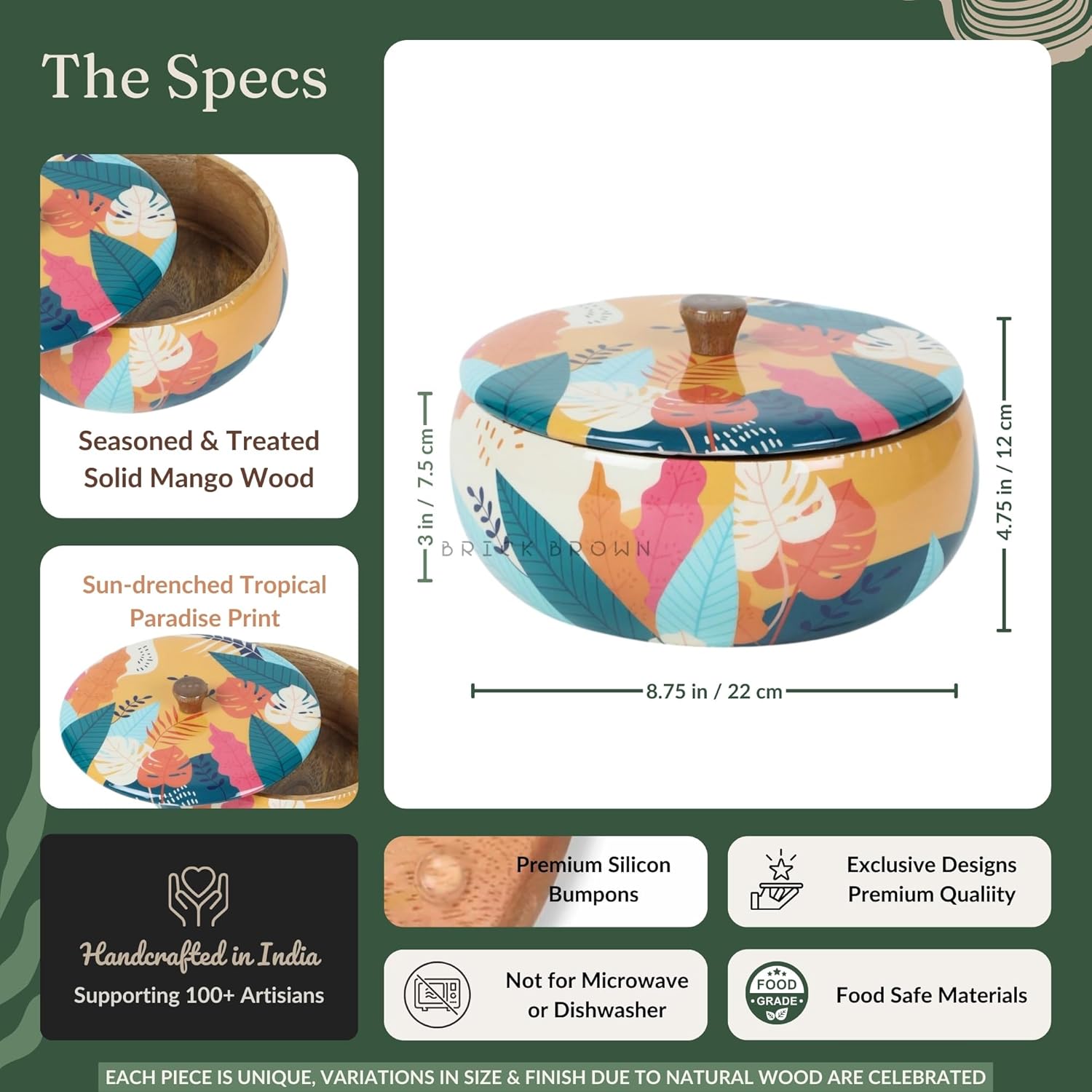 Brick Brown Caçarola tropical de madeira maciça feita à mão ... - Image 5