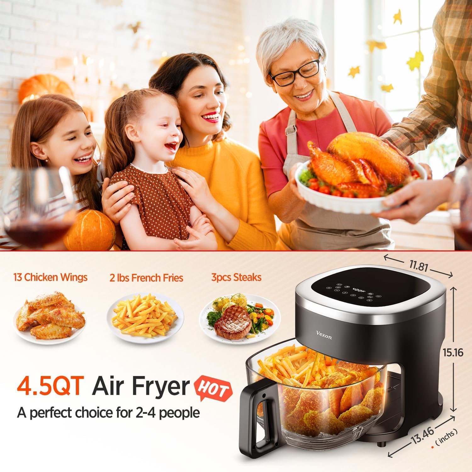 Vexon Fritadeira De Ar Vidro, 4,5 Qt Com Visor, Frita, Assa,... | É bom mesmo? Descubra antes de comprar - Image 6