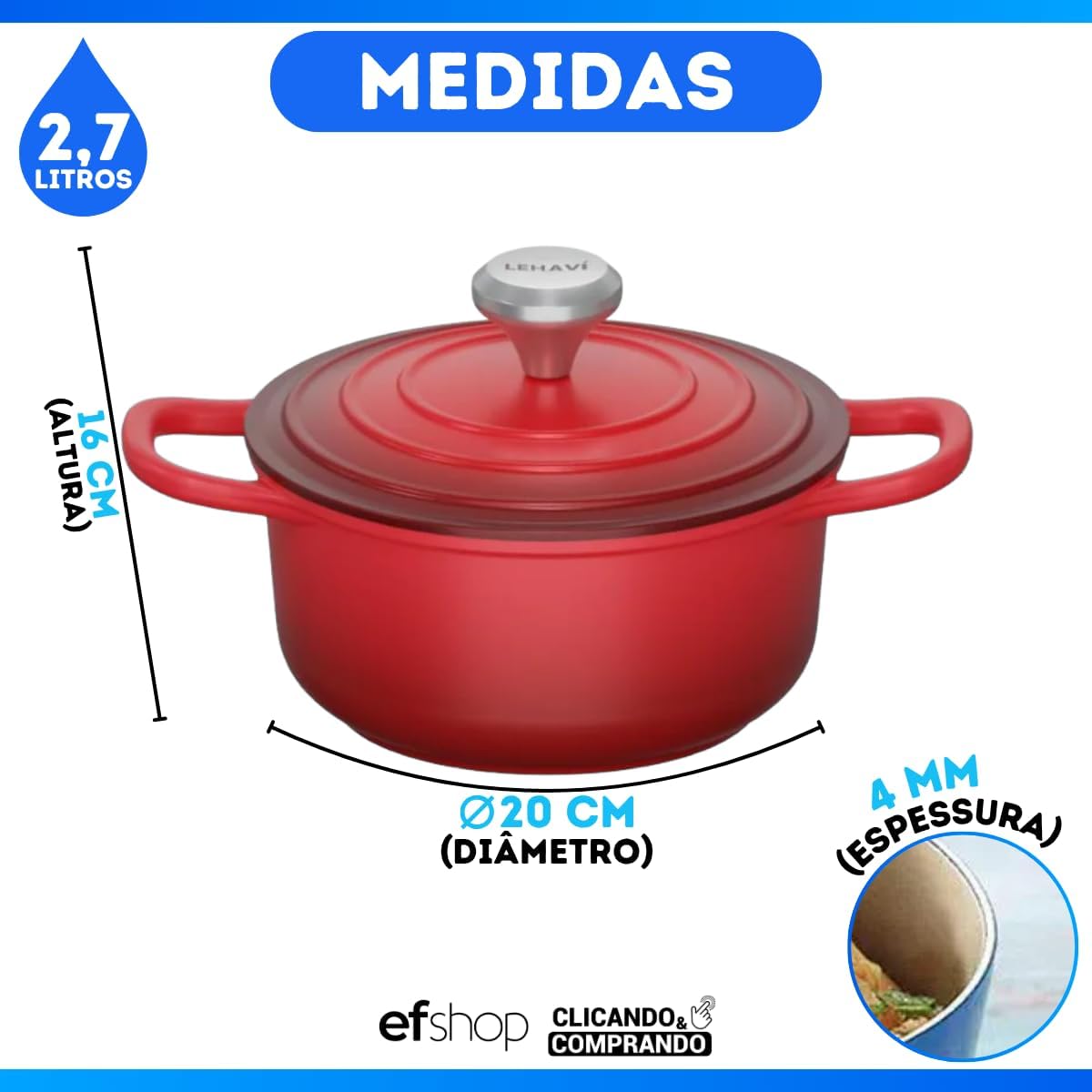 Panela Caçarola Revestimento Nanocerâmico 20cm Florença Anti... - Image 3