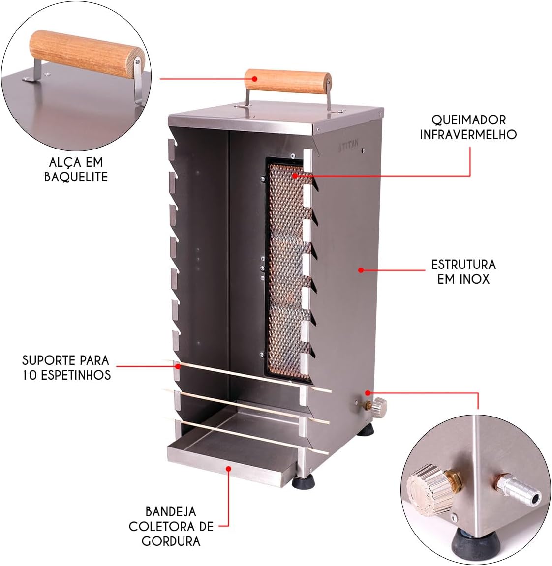 Churrasqueira para 10 Espetinhos Gás GLP Inox Portátil Titan - Image 2