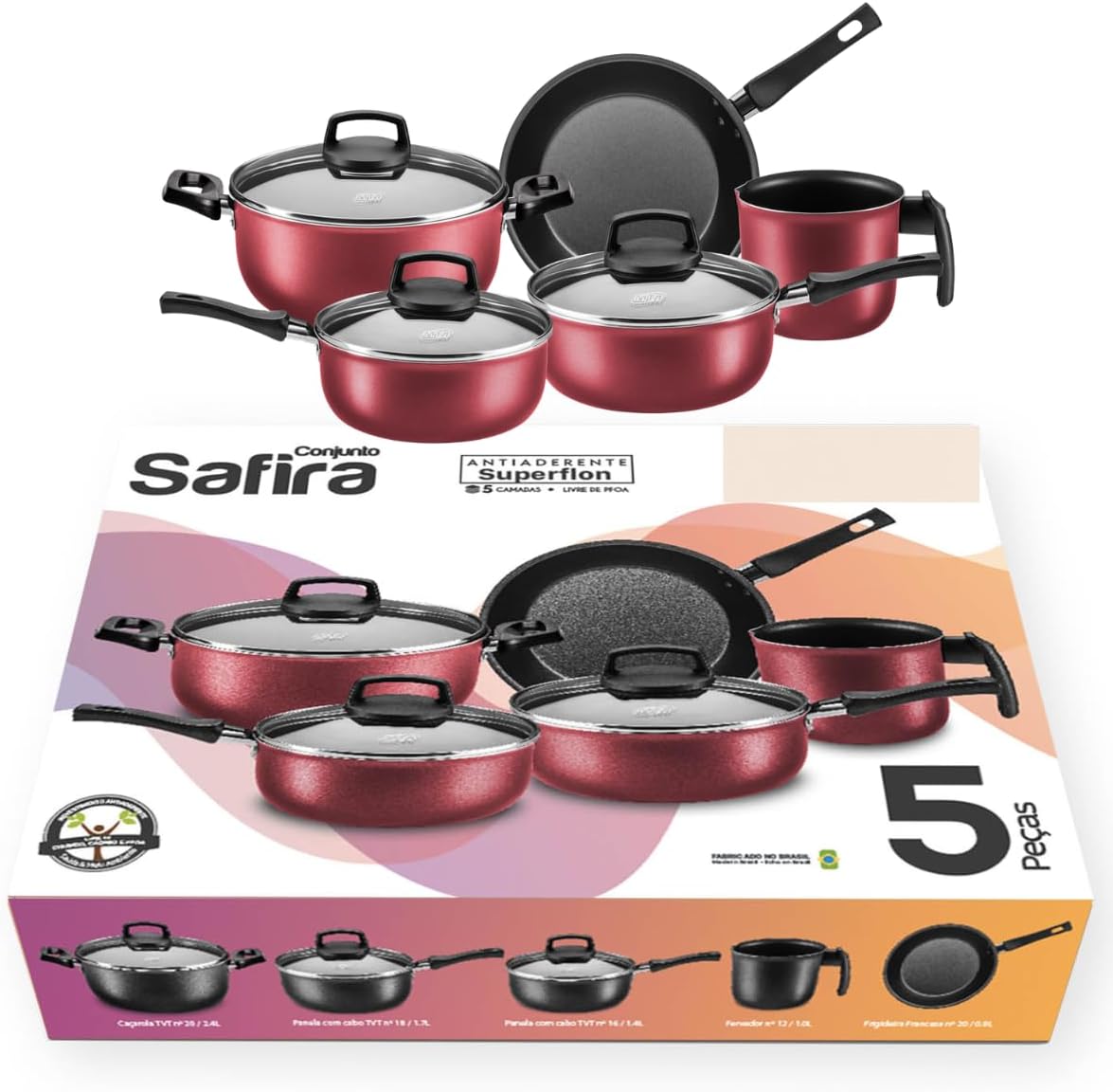 Conjunto de Panelas safira Antiaderente, 5 Peças, Vermelho C... - Image 2