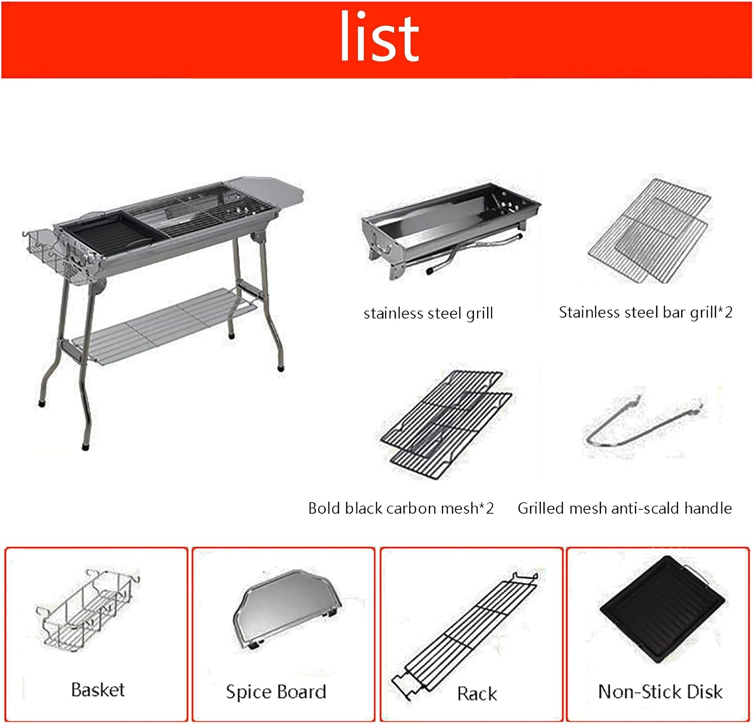 Grelha a carvão churrasqueira aço inoxidável churrasco fumad... - Image 2