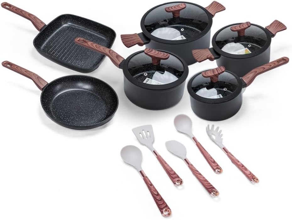 Análise prática de jogo de panelas com revestimento antiaderente de mármore: desempenho e durabilidade.