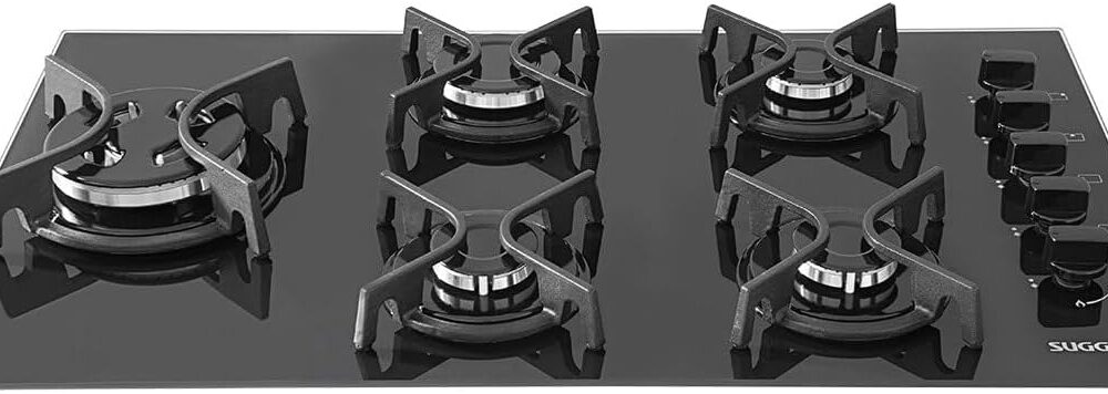 Análise prática do fogão de vidro preto 5 queimadores esmaltados: detalhes e desempenho.