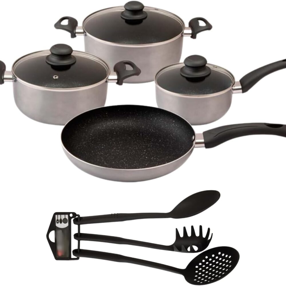 Análise prática de jogo de panelas de alumínio com revestimento cerâmico antiaderente.