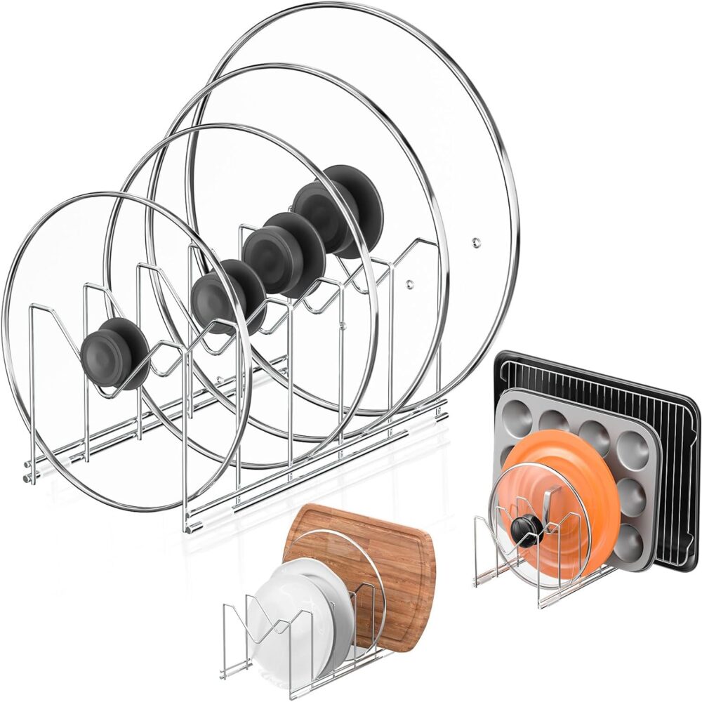 Organização de armário: análise do conjunto de organizadores de tampa para panelas após uso.