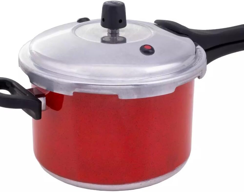 Panela de pressão de alumínio vermelha: análise do fechamento externo após uso diário.