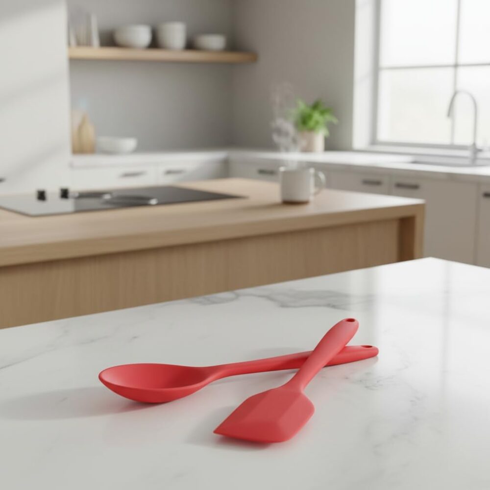 Análise prática de kit silicone para cozinha: espátula e colher vermelhas.