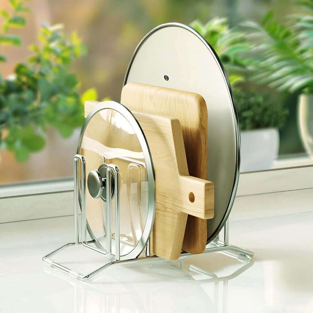 Organizador de tampas de panela: funcionalidade e praticidade após uso contínuo.